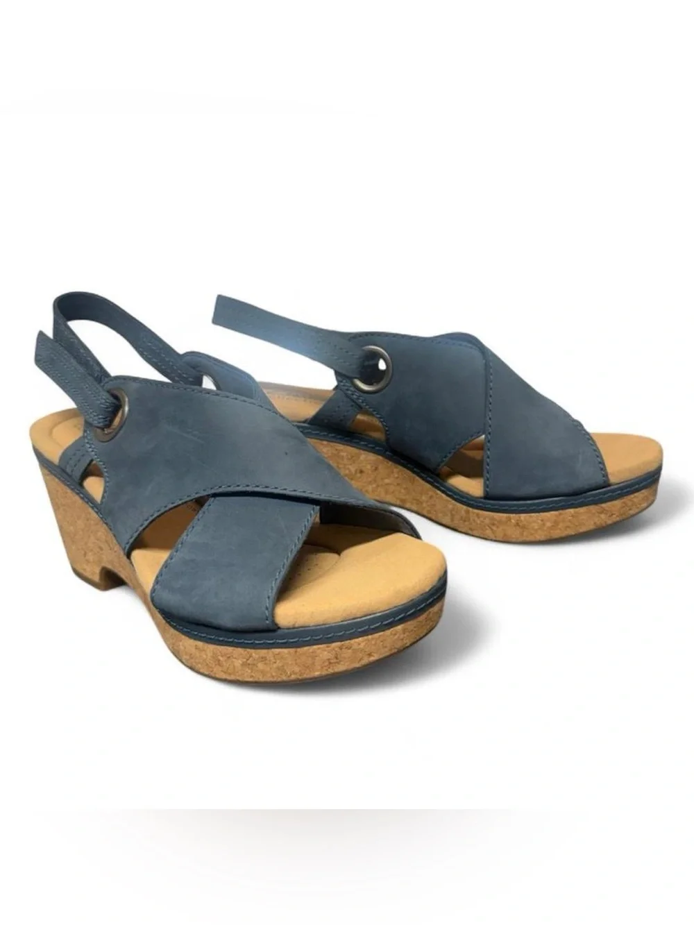 Clark’s Ultimate Comfort Giselle Dove Navy Nubuck Cork Wedge Sandals. NWOT!